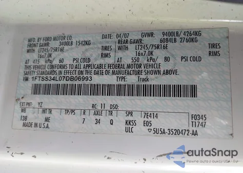 2007 Ford E-350 Super Duty Recreational из США, поврежденный, VIN 1FTSS34L07DB06993